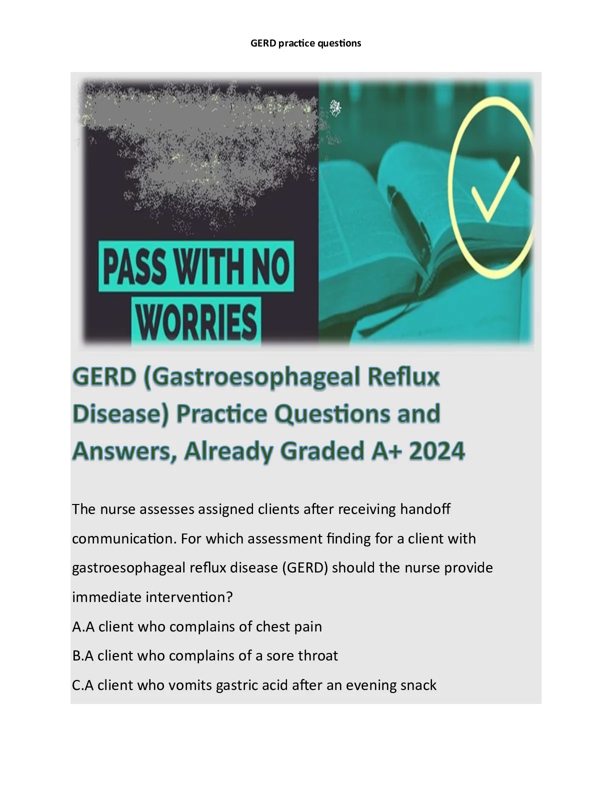 GERD (Gastroesophageal Reflux Disease) Practice Questions and Answers ...