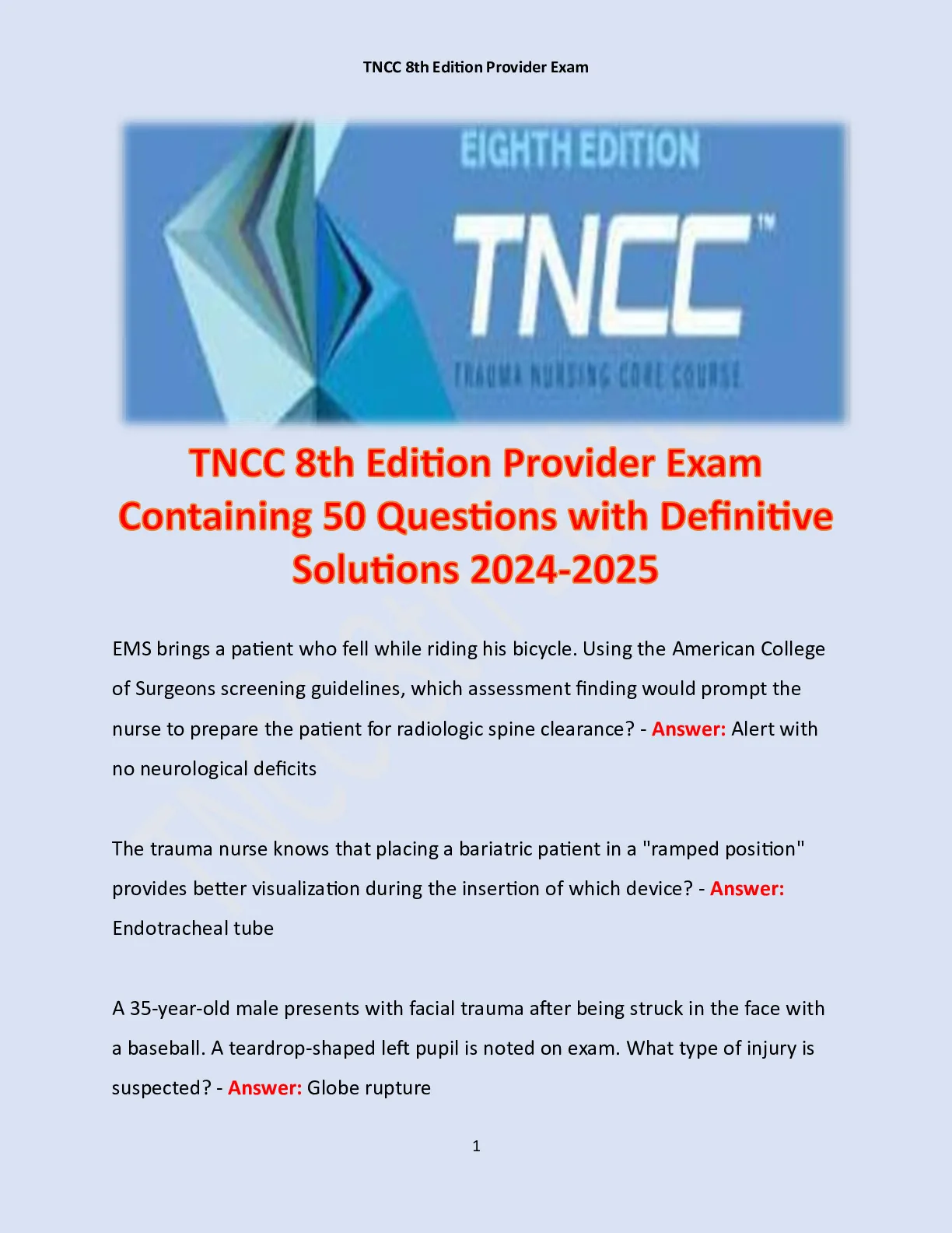 TNCC 8th Edition Provider Exam Containing 50 Questions with Definitive ...