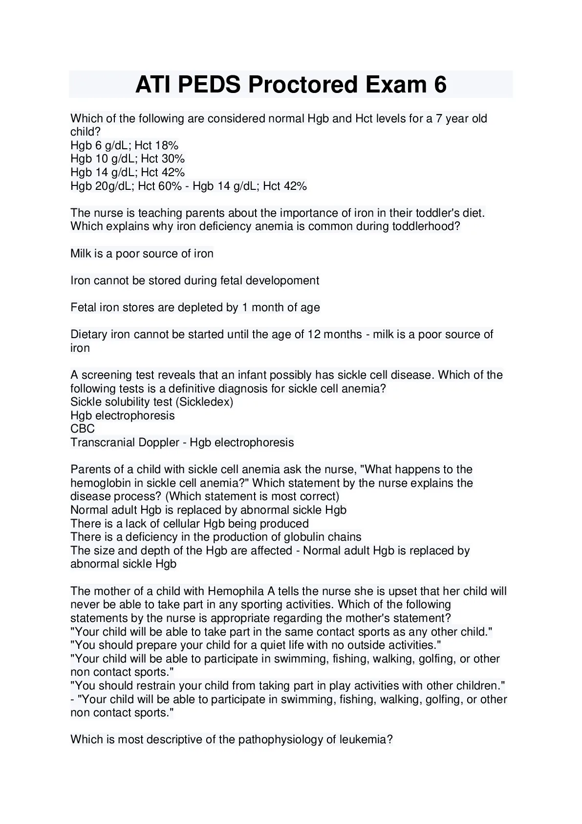 ATI PEDS Proctored Exam 6