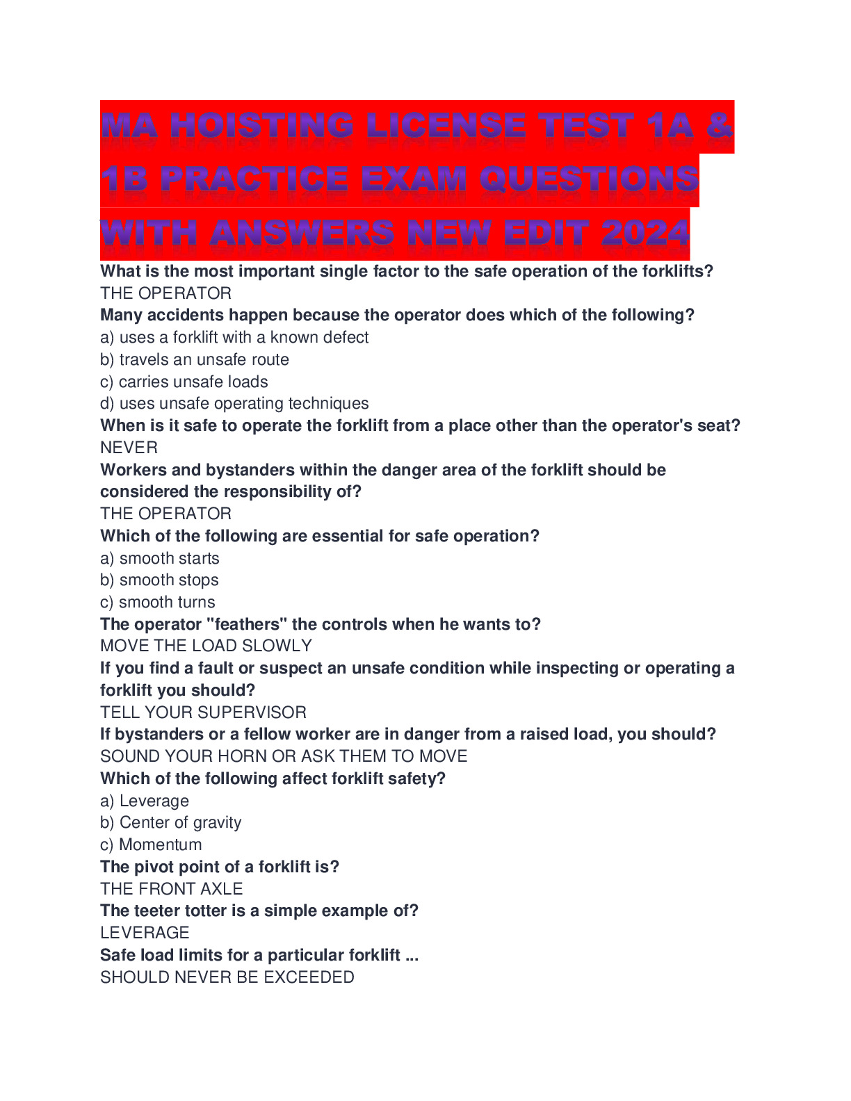 MA HOISTING LICENSE TEST 1A & 1B PRACTICE EXAM QUESTIONS WITH ANSWERS
