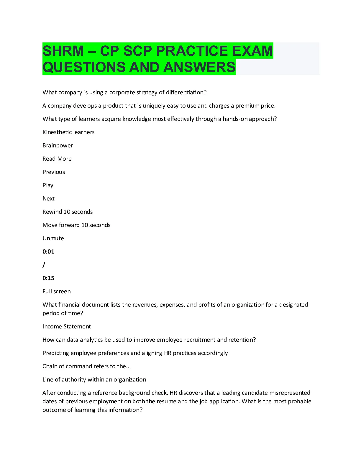 SHRM – CP SCP PRACTICE EXAM QUESTIONS AND ANSWERS - DocMerit