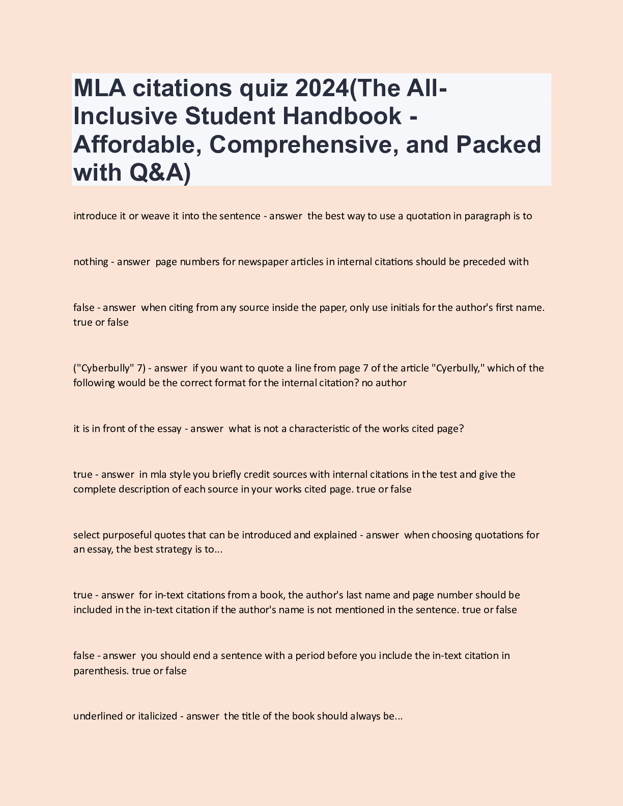 MLA citations quiz 2024(The All-Inclusive Student Handbook 