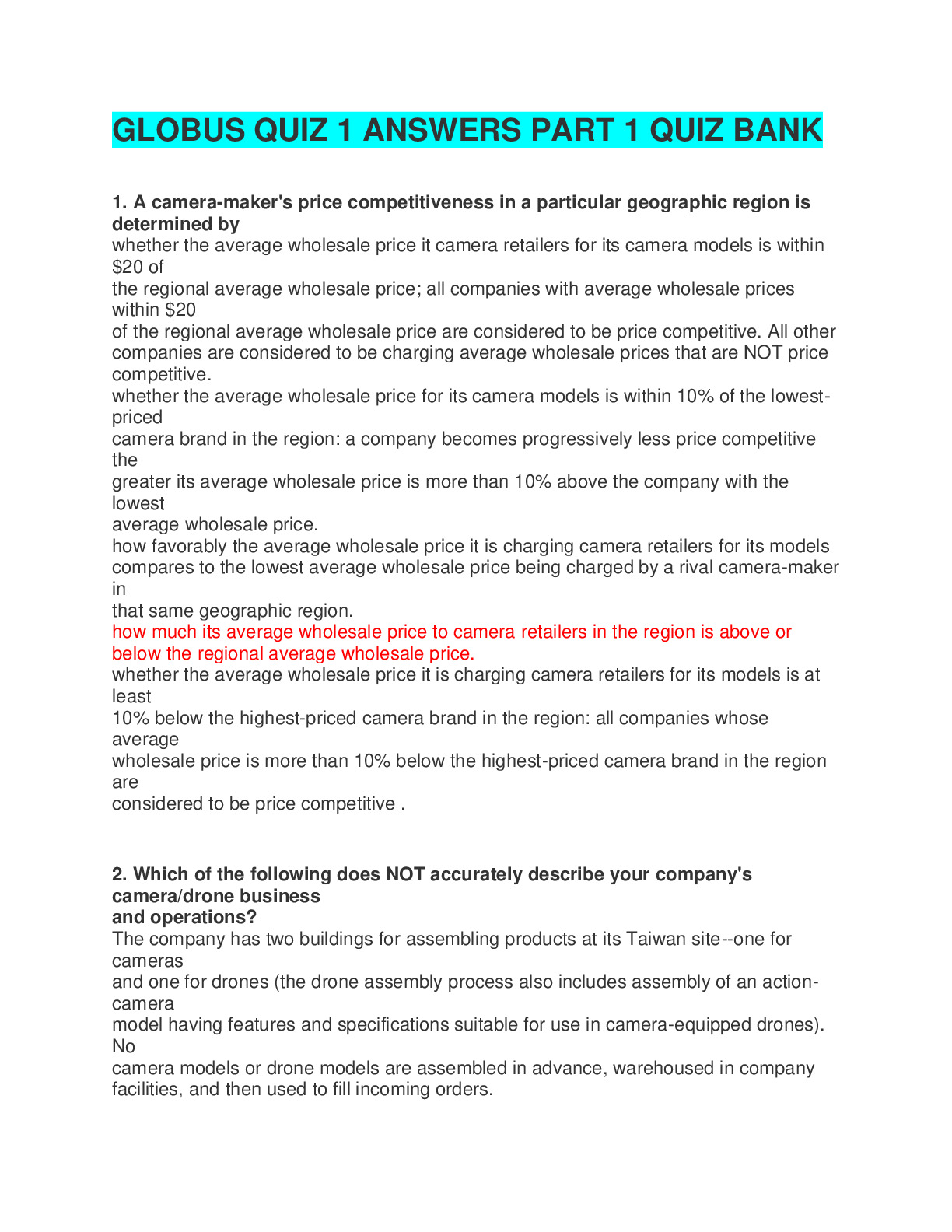Globus Quiz 1 Complete Solution