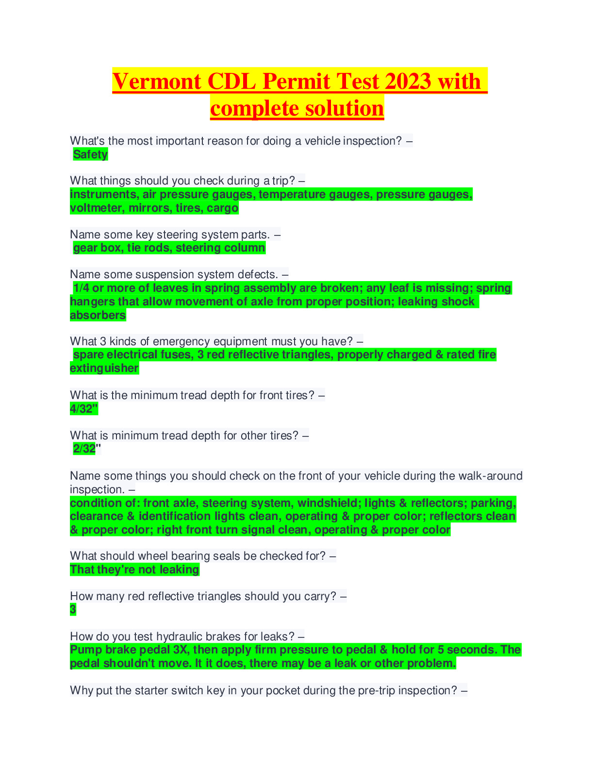 Vermont CDL Permit Test 2023 with complete solution - DocMerit