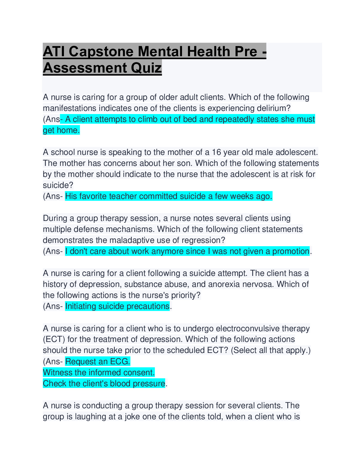 ATI Capstone Mental Health Pre Assessment Quiz Questions & Answers