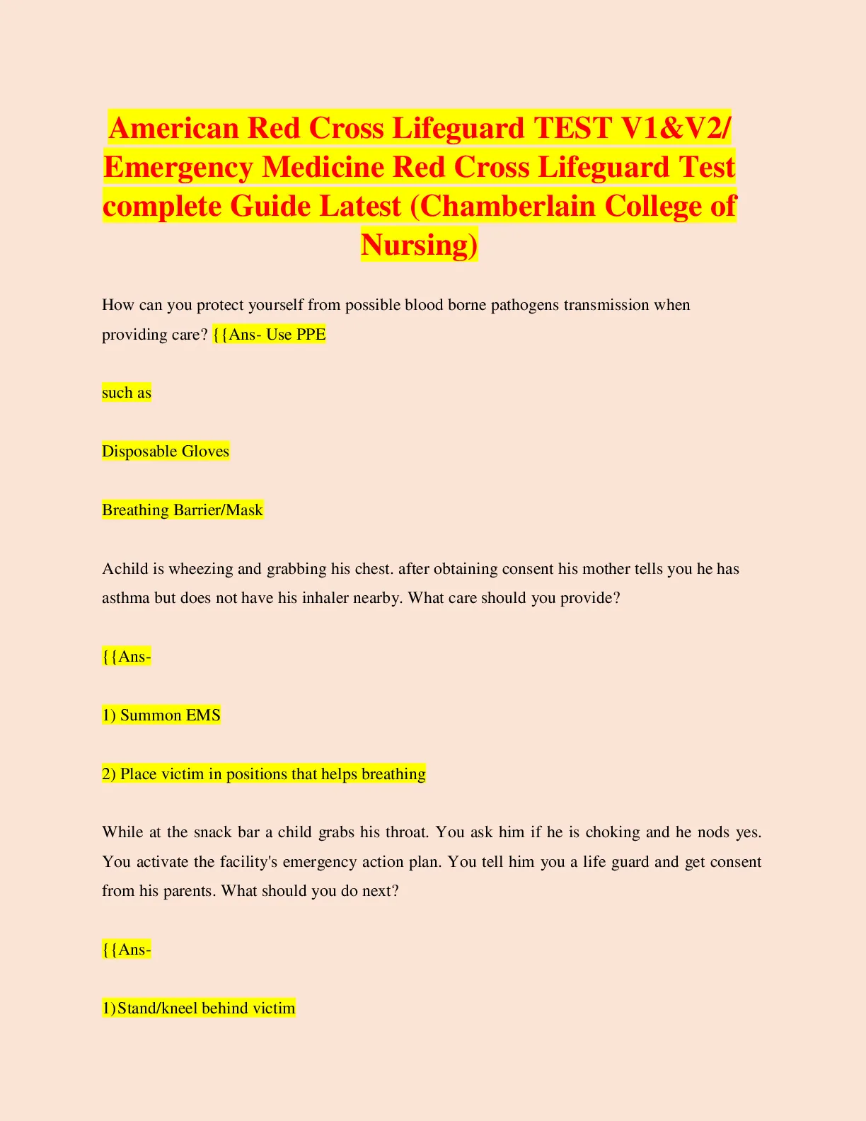 American Red Cross Lifeguard TEST V1&V2/ Emergency Medicine Red Cross ...