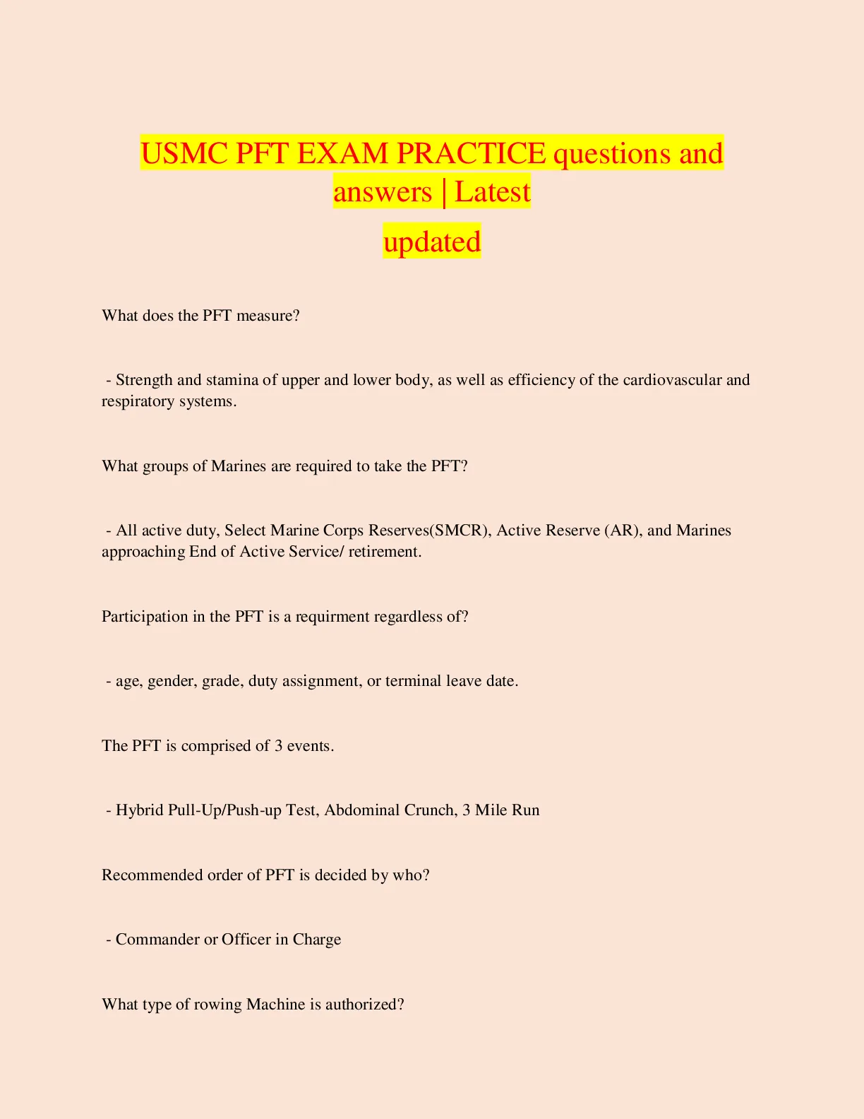 USMC PFT EXAM PRACTICE questions and answers | Latest updated - DocMerit