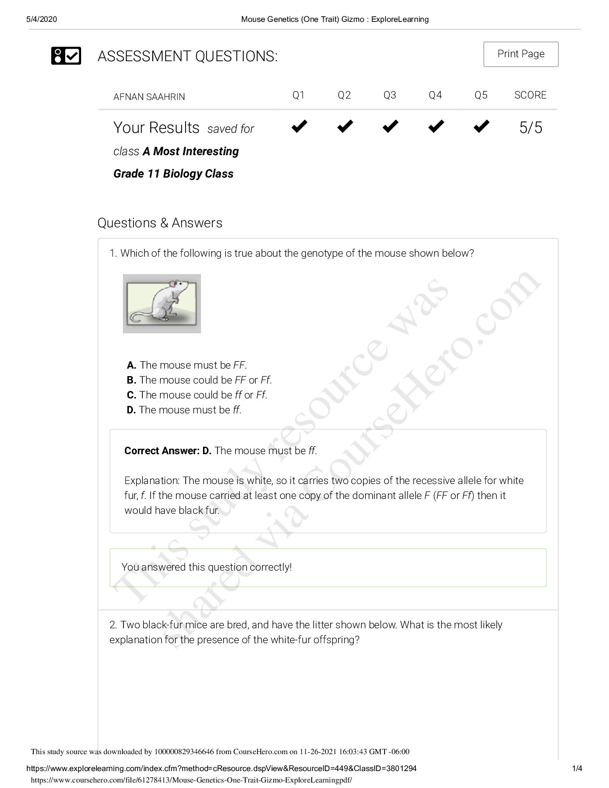 Mouse Genetics (One Trait) Gizmo 100% CORRECT ANSWERS WITH EXPLANATIONS ...