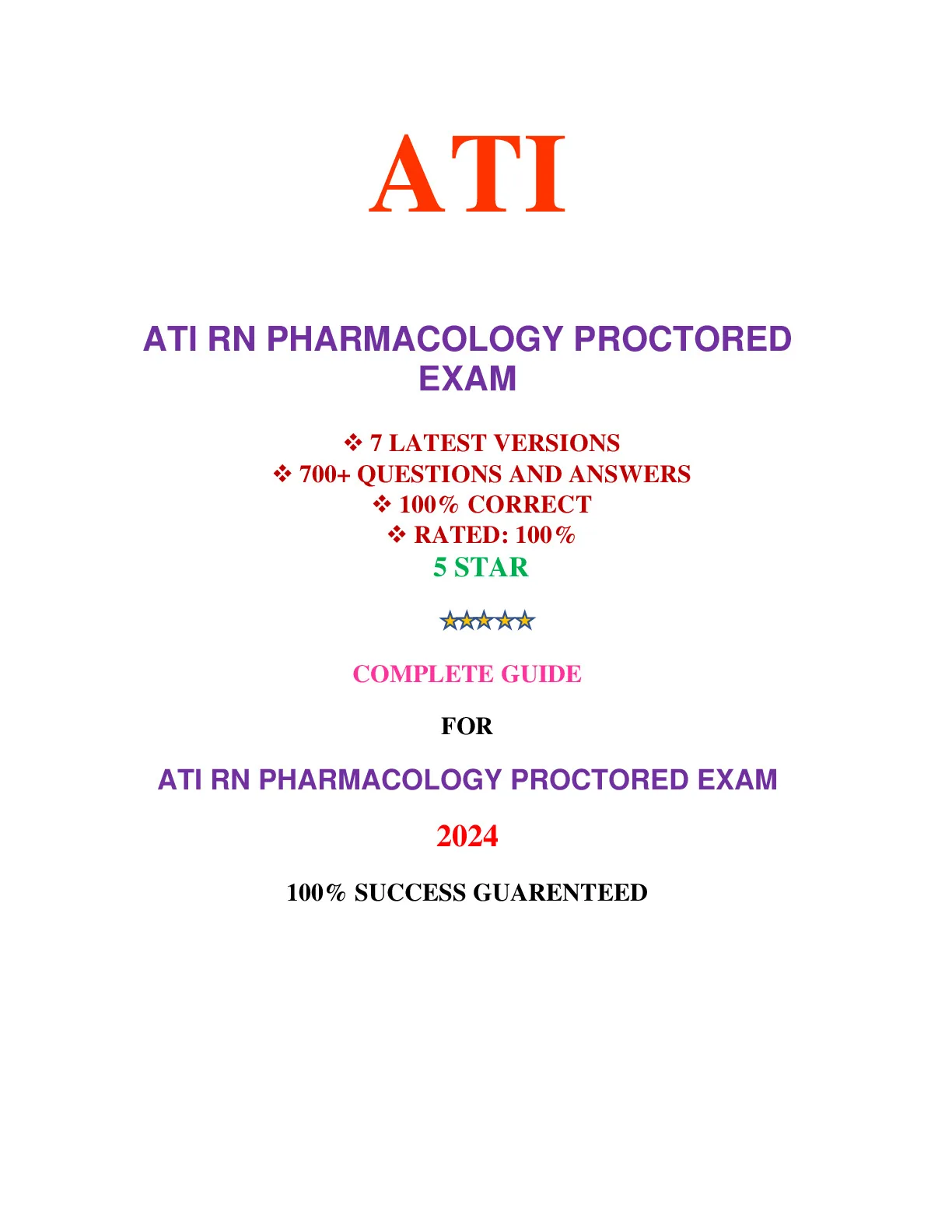 ATI RN PHARMACOLOGY PROCTORED EXAM (7 VERSIONS, LATEST-2024)