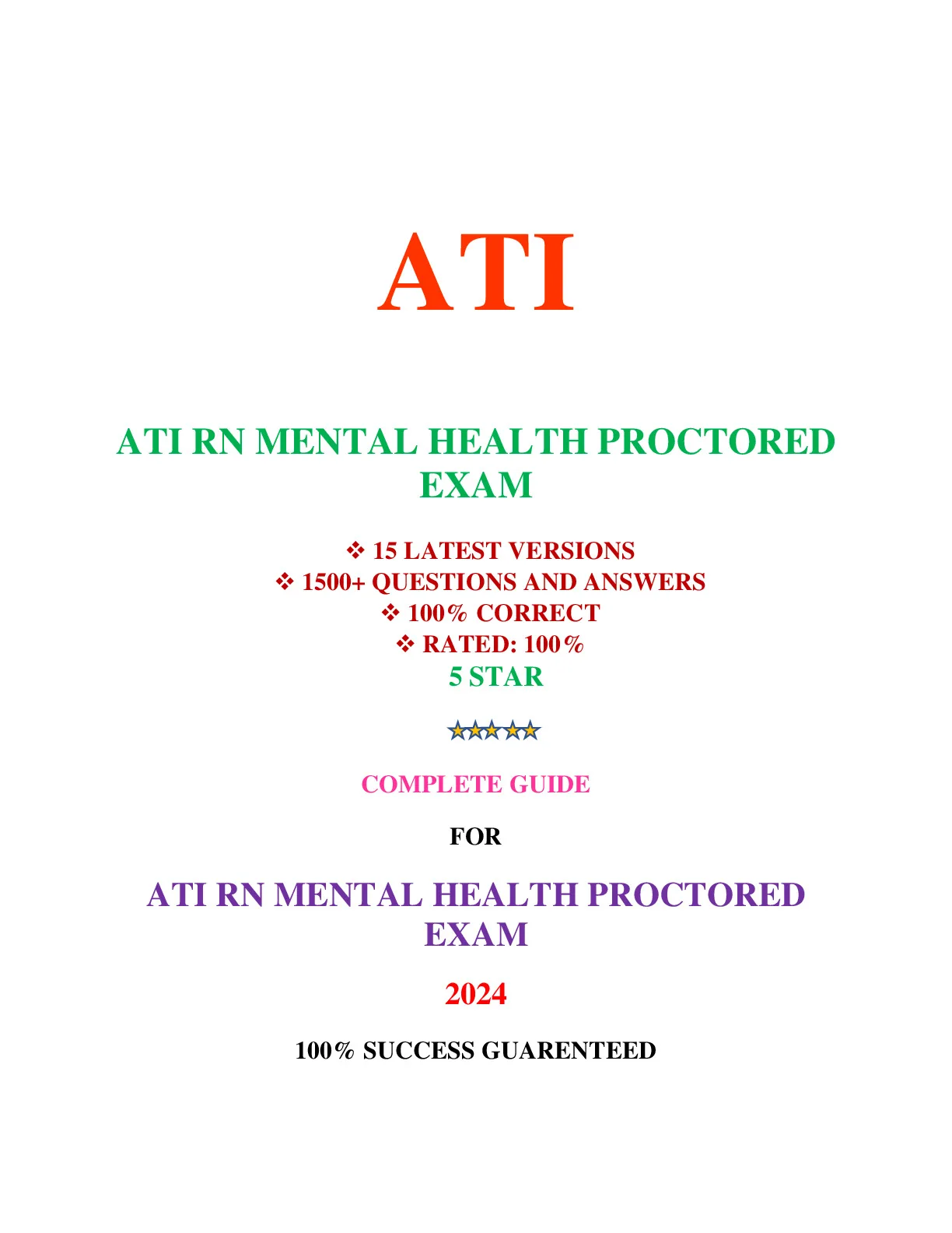 ATI RN MENTAL HEALTH PROCTORED EXAM (15 VERSIONS, LATEST-2024)
