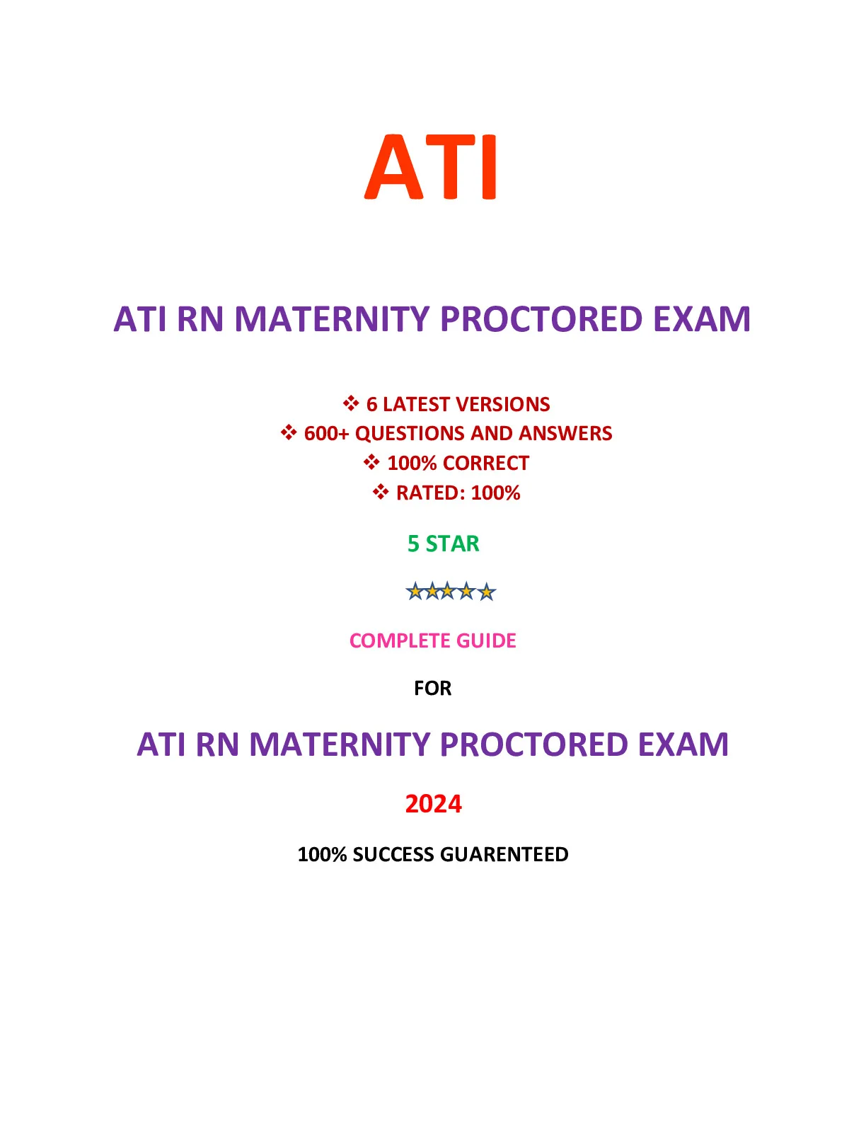 ATI RN MATERNITY PROCTORED EXAM (6 VERSIONS, LATEST-2024)