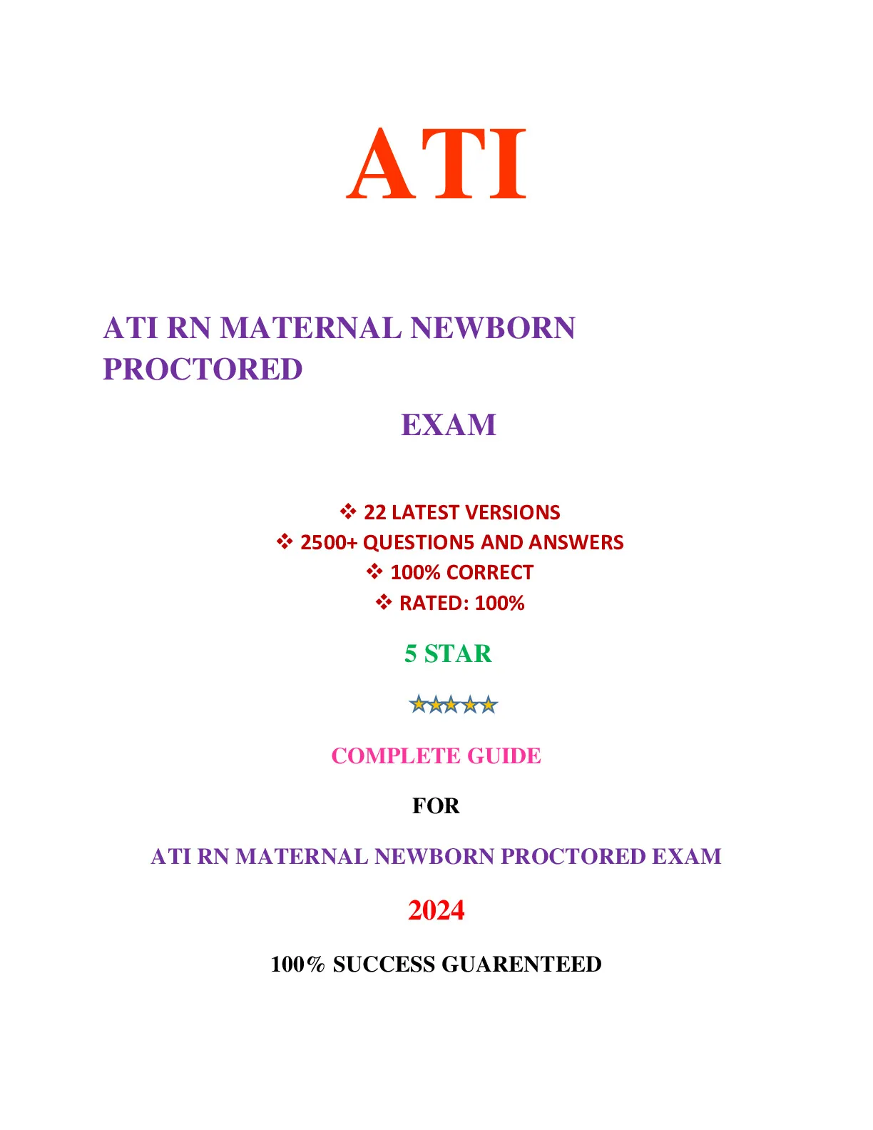 ATI RN MATERNAL NEWBORN PROCTORED EXAM (22 VERSIONS, LATEST-2024)