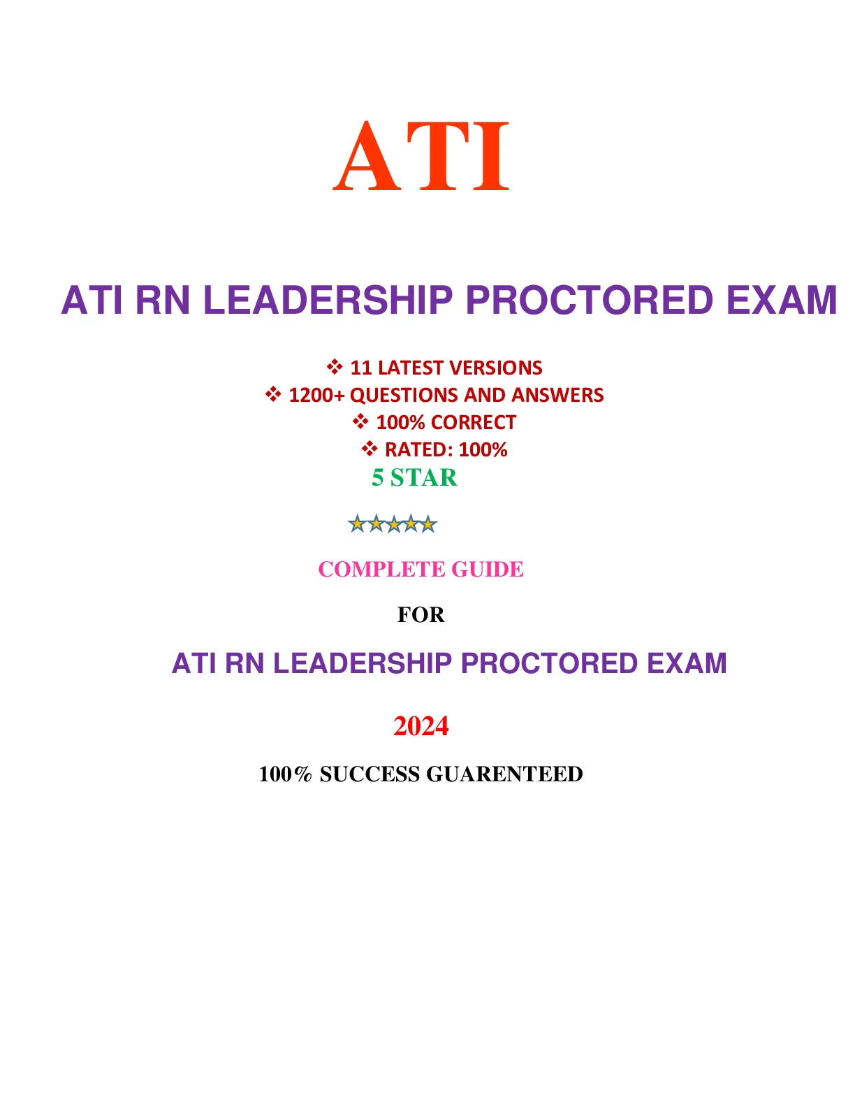 ATI RN LEADERSHIP PROCTORED EXAM (11 VERSIONS, LATEST-2024)