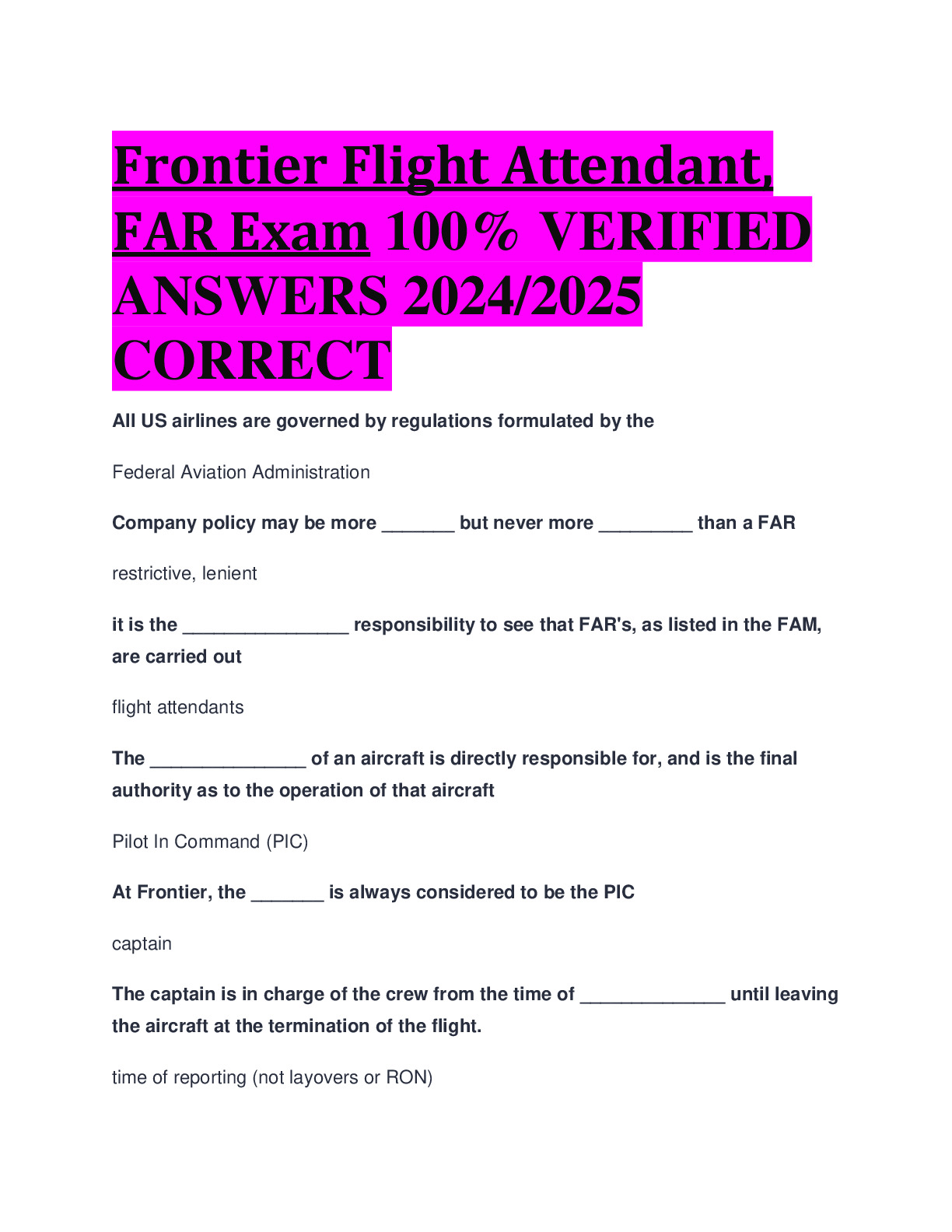 Frontier Flight Attendant, FAR Exam 100 VERIFIED ANSWERS 2024/2025