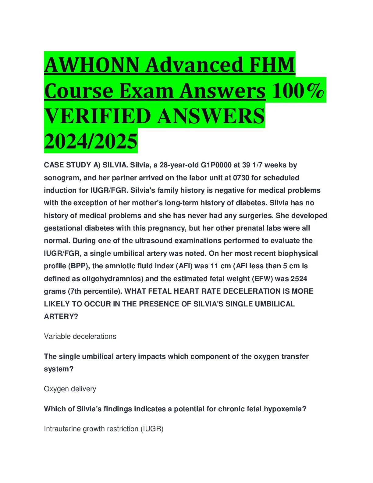 BEST ANSWERS AWHONN Advanced FHM Course Exam Answers 100% VERIFIED ...