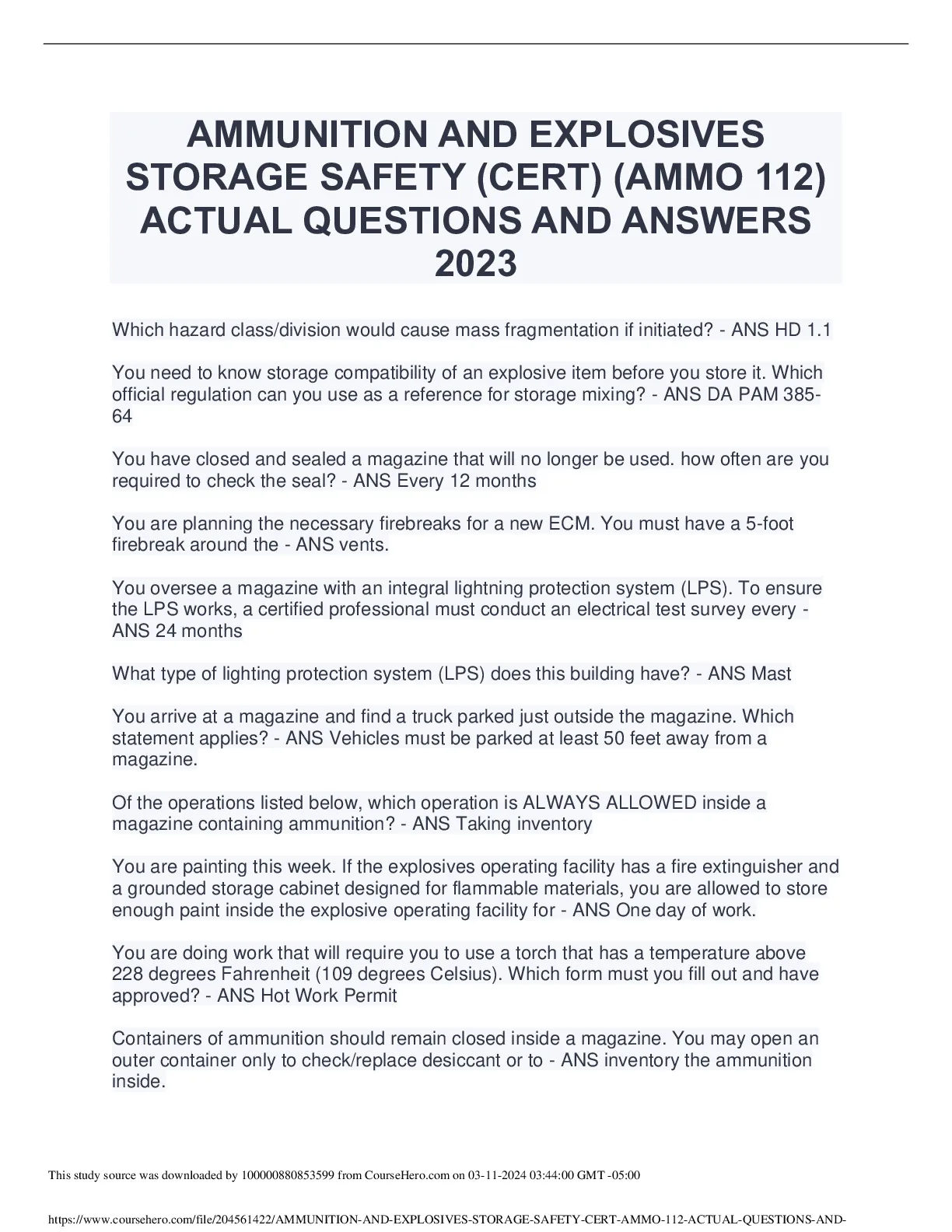 AMMO-45) INTRODUCTION TO AMMUNITION (Cert) Exam - DocMerit