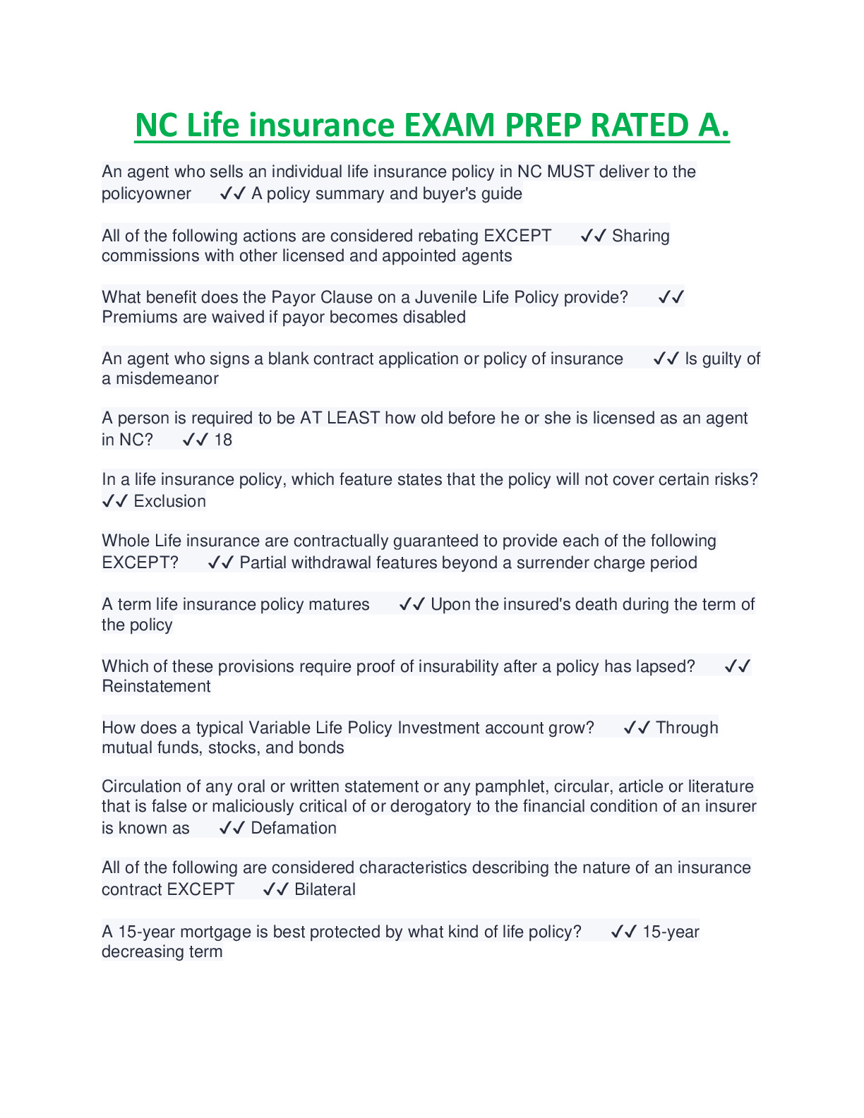NC Life Insurance Practice Exam Questions/130 Questions And 