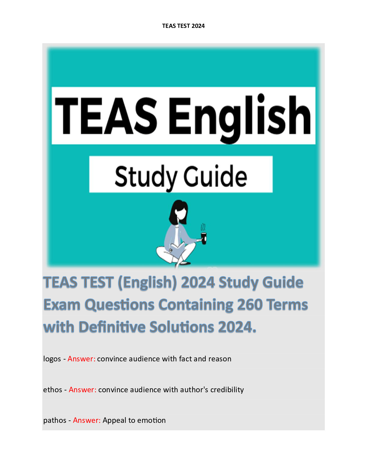 TEAS TEST (English) 2024 Study Guide Exam Questions Containing 260 Terms with Definitive Solutions