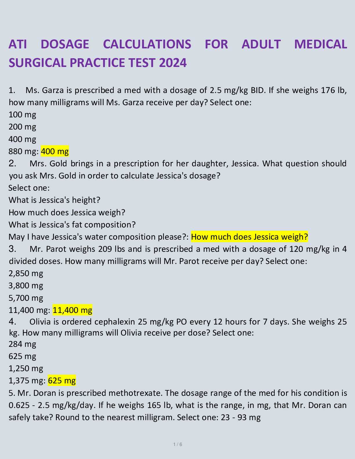 ATI DOSAGE CALCULATIONS FOR ADULT MEDICAL SURGICAL PRACTICE TEST 2024 ...