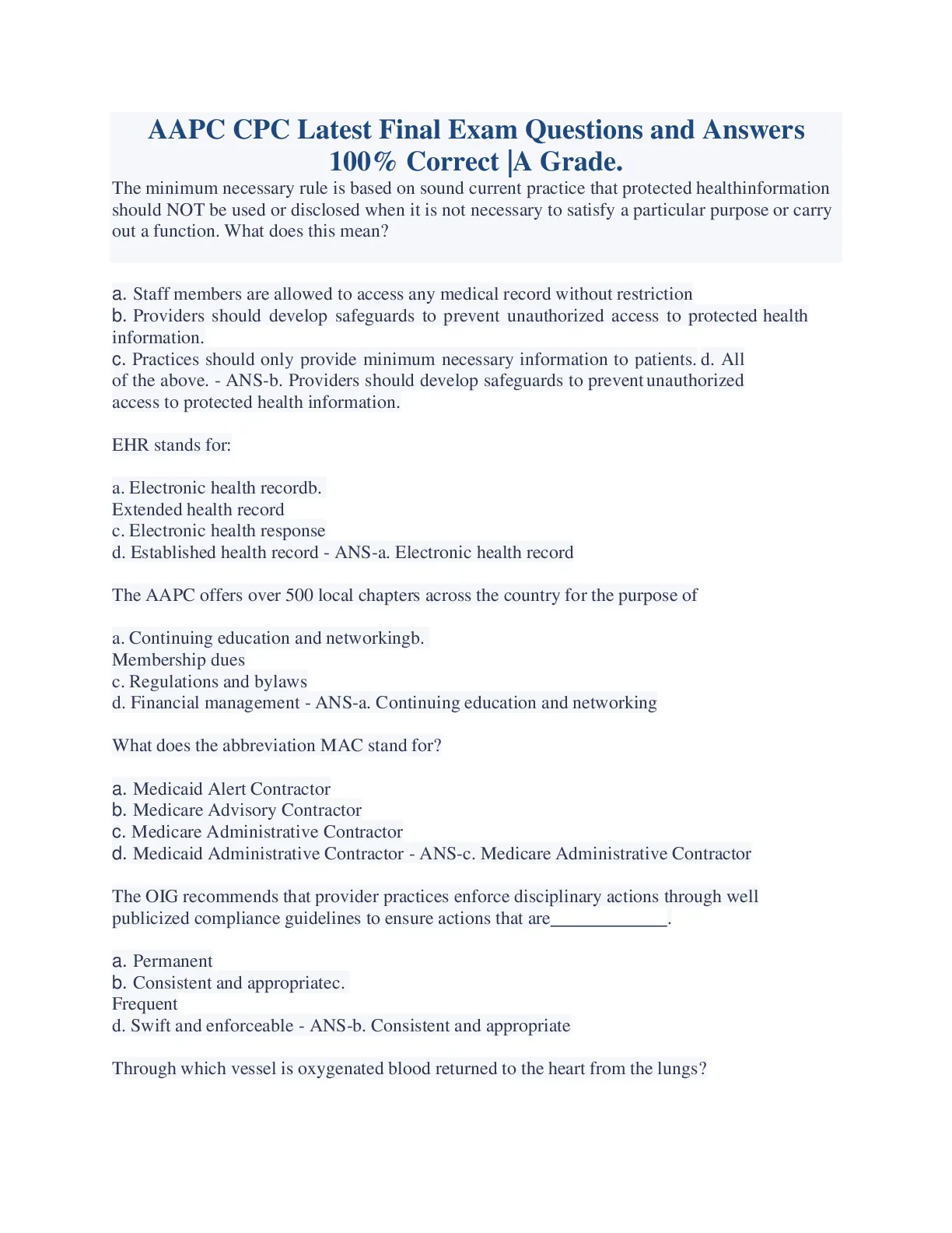AAPC CPC Latest Final Exam Questions and Answers 100% Correct |A Grade ...
