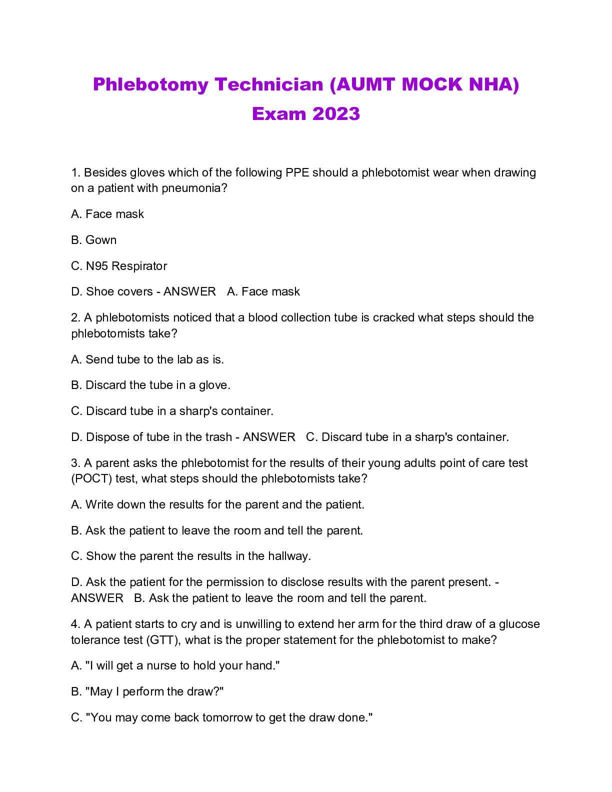 Phlebotomy Technician 1 NHA Practice Test With Complete Updated ...