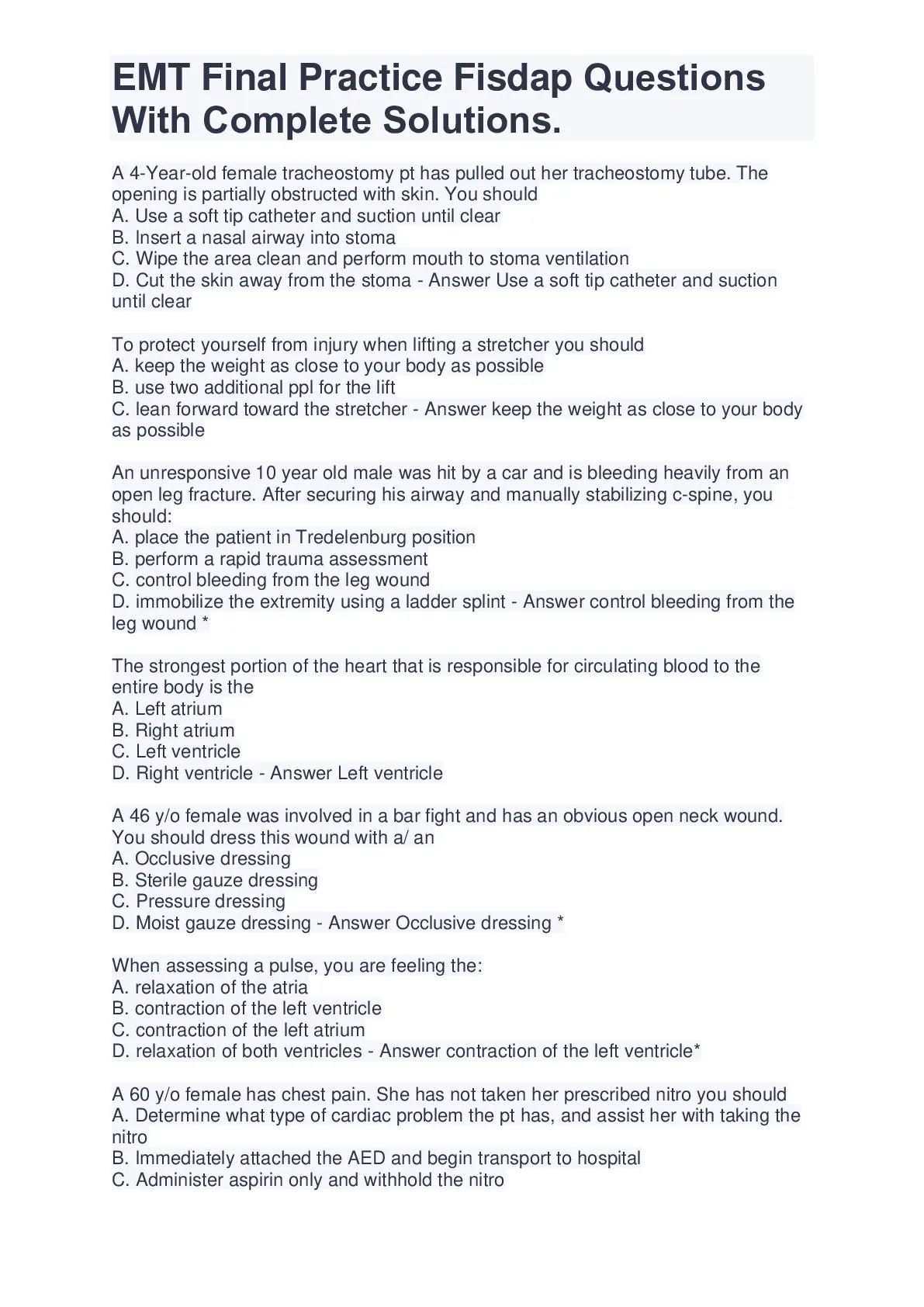 EMT FISDAP FINAL Exam Questions and Answers Rated A+ Latest Update 2024 ...