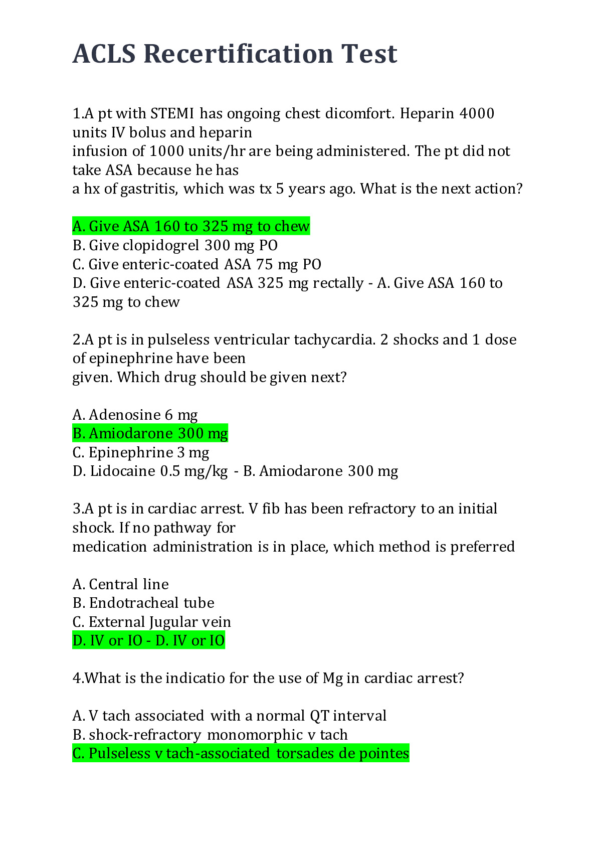 ACLS FINAL TEST QUESTIONS AND ANSWERS 2024 DocMerit