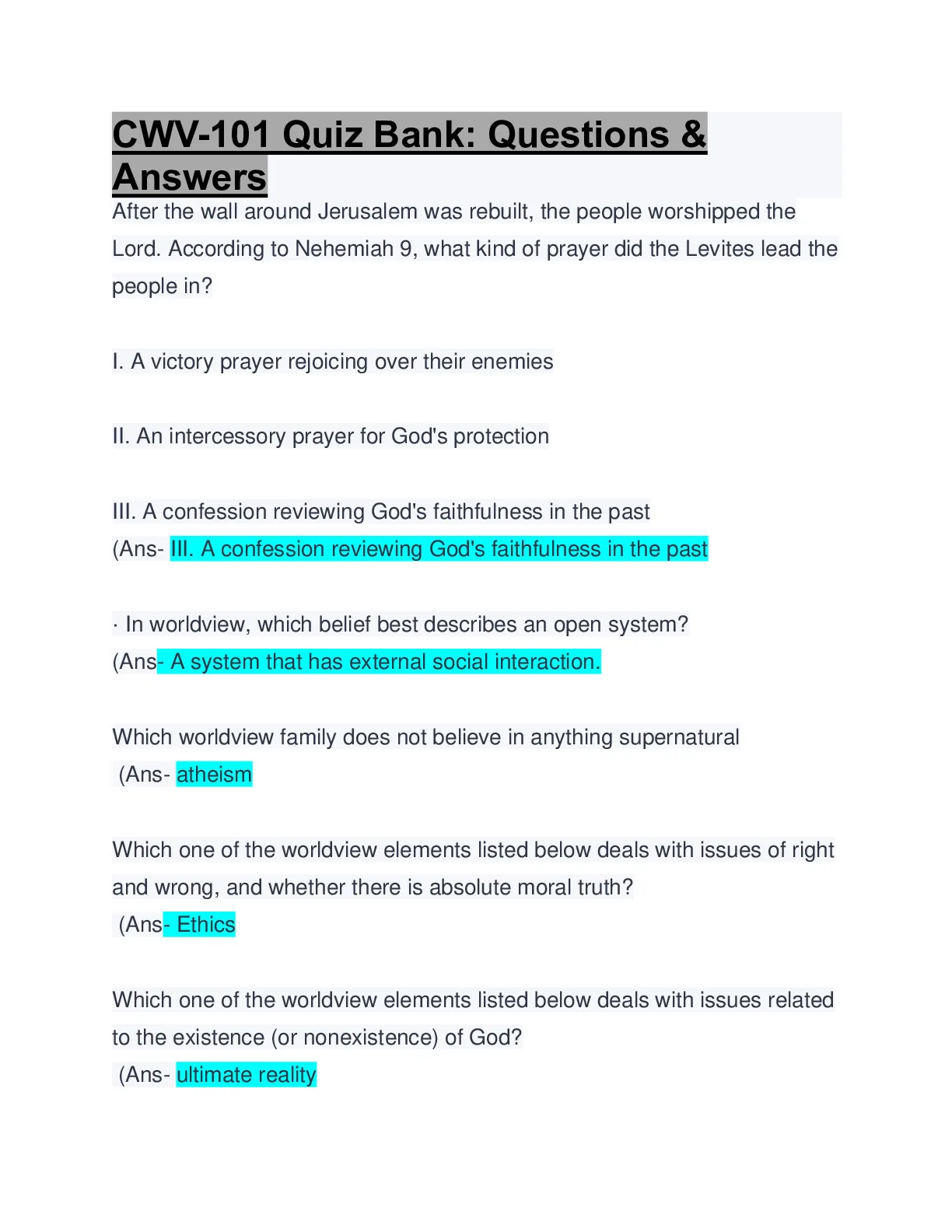 CWV-101 Quiz Bank: Questions and Answers 2024 LATEST UPDATE - DocMerit