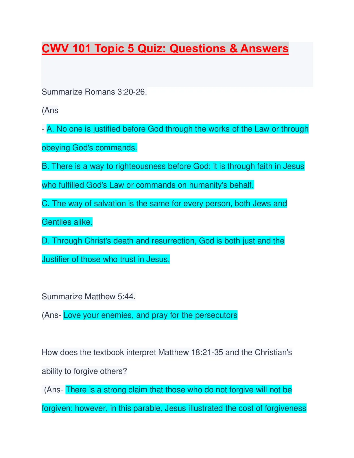CWV 101 Topic 5 Quiz: Questions and Answers 2024 UPDATE - DocMerit