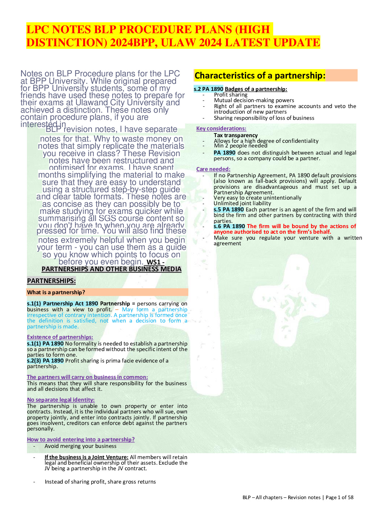 LPC NOTES BLP PROCEDURE PLANS (HIGH 	 DISTINCTION) 2024BPP, ULAW 2024 LATEST UPDATE