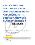 HESI A2 ENGLISH  VOCUBULARY 2023- 2024 300+ QUESTIONS  AND ANSWERS  CORRECT ANSWERS  ALREADY GRADED