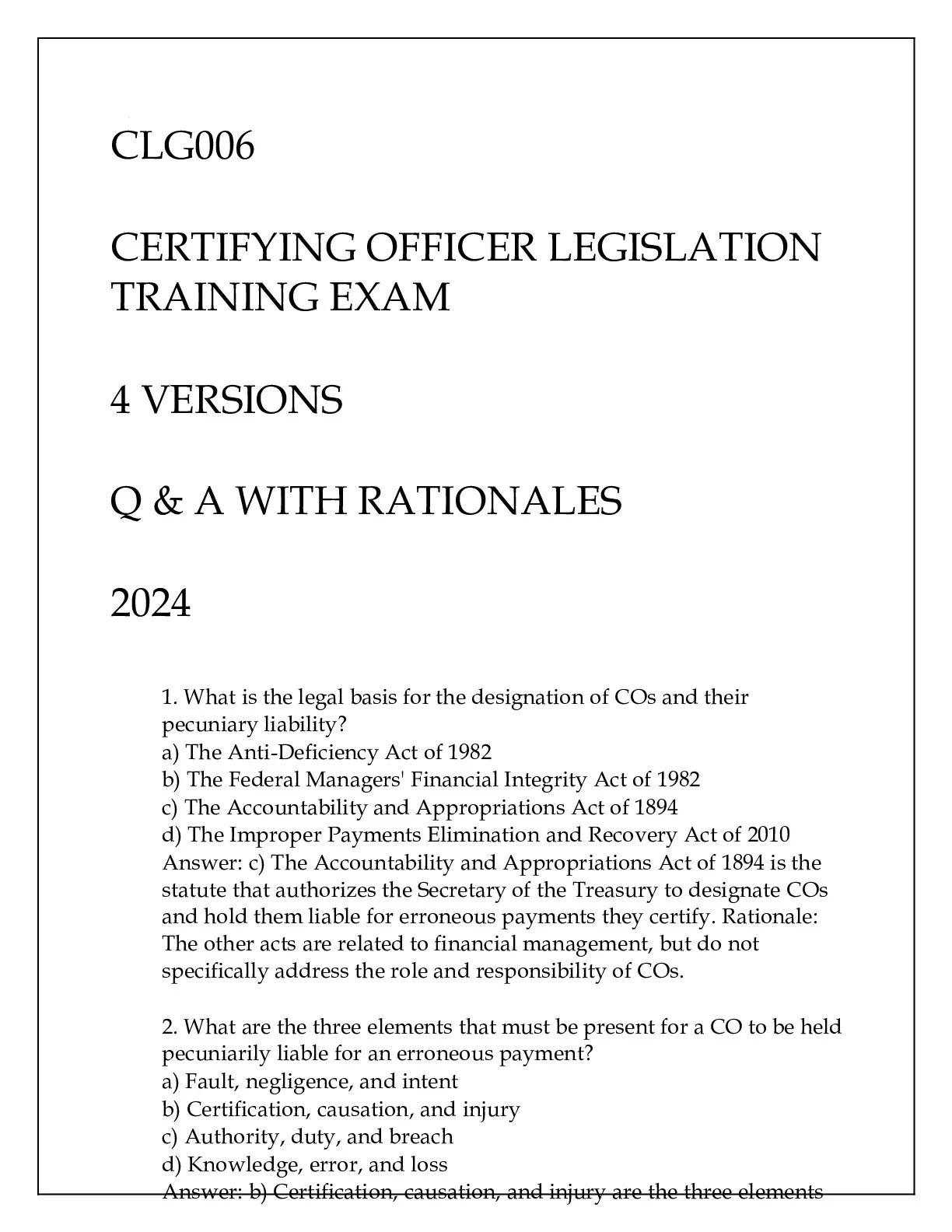 CLG006 CERTIFYING OFFICER LEGISLATION TRAINING EXAM 4 VERSIONS Q & A WITH RATIONALES 2024
