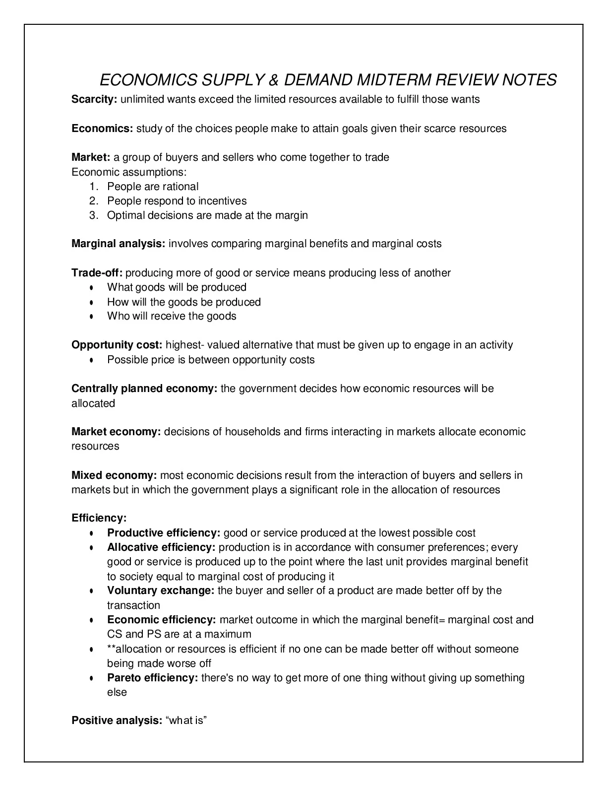 ECONOMICS SUPPLY & DEMAND MIDTERM REVIEW NOTES