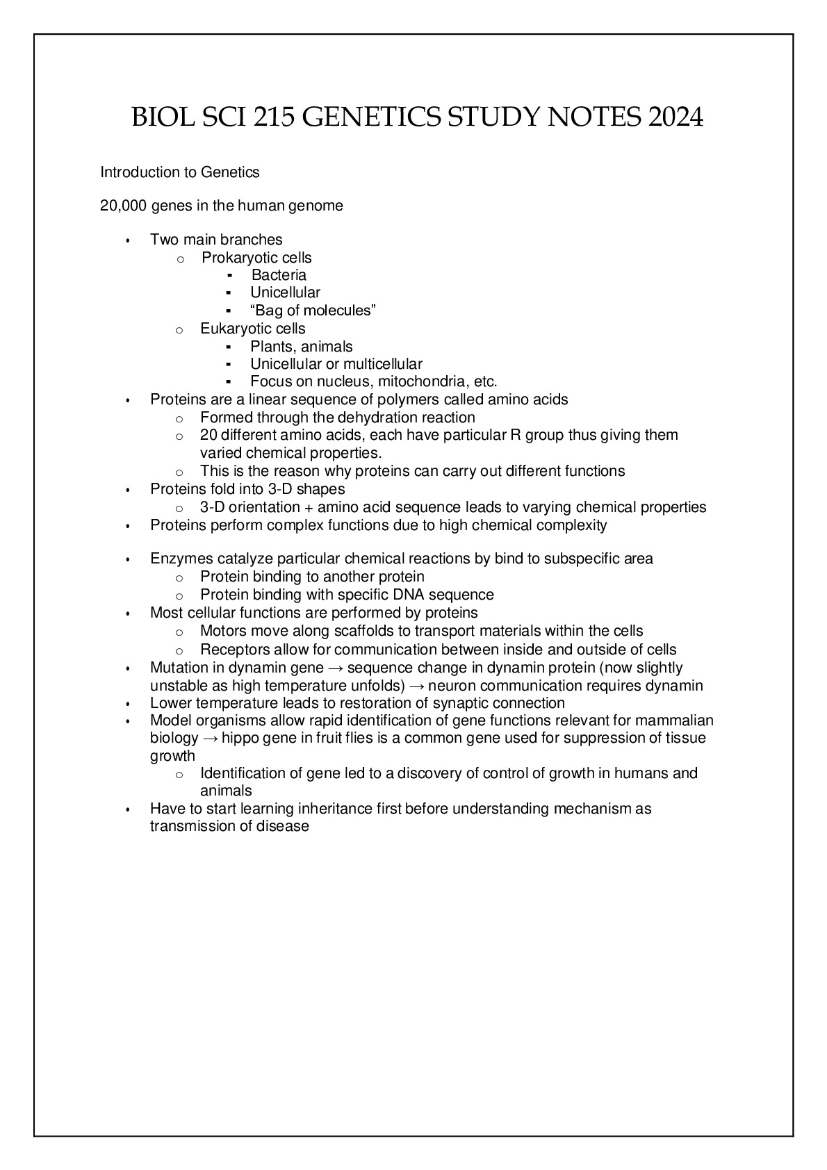 BIOL SCI 215 GENETICS STUDY NOTES 2024 - DocMerit