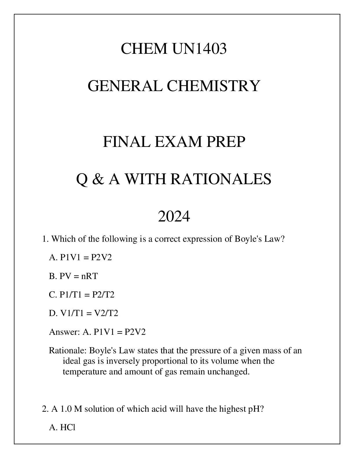 CHEM UN1403 GENERAL CHEMISTRY FINAL EXAM PREP Q & A WITH RATIONALES 2024.