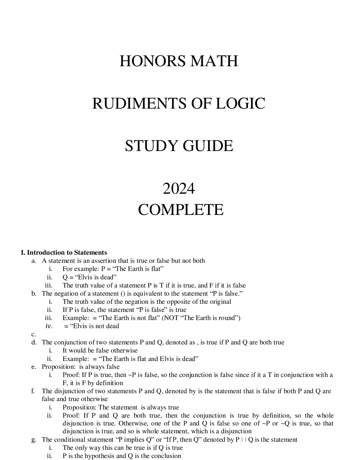 HONORS MATH RUDIMENTS OF LOGIC STUDY GUIDE 2024 COMPLETE