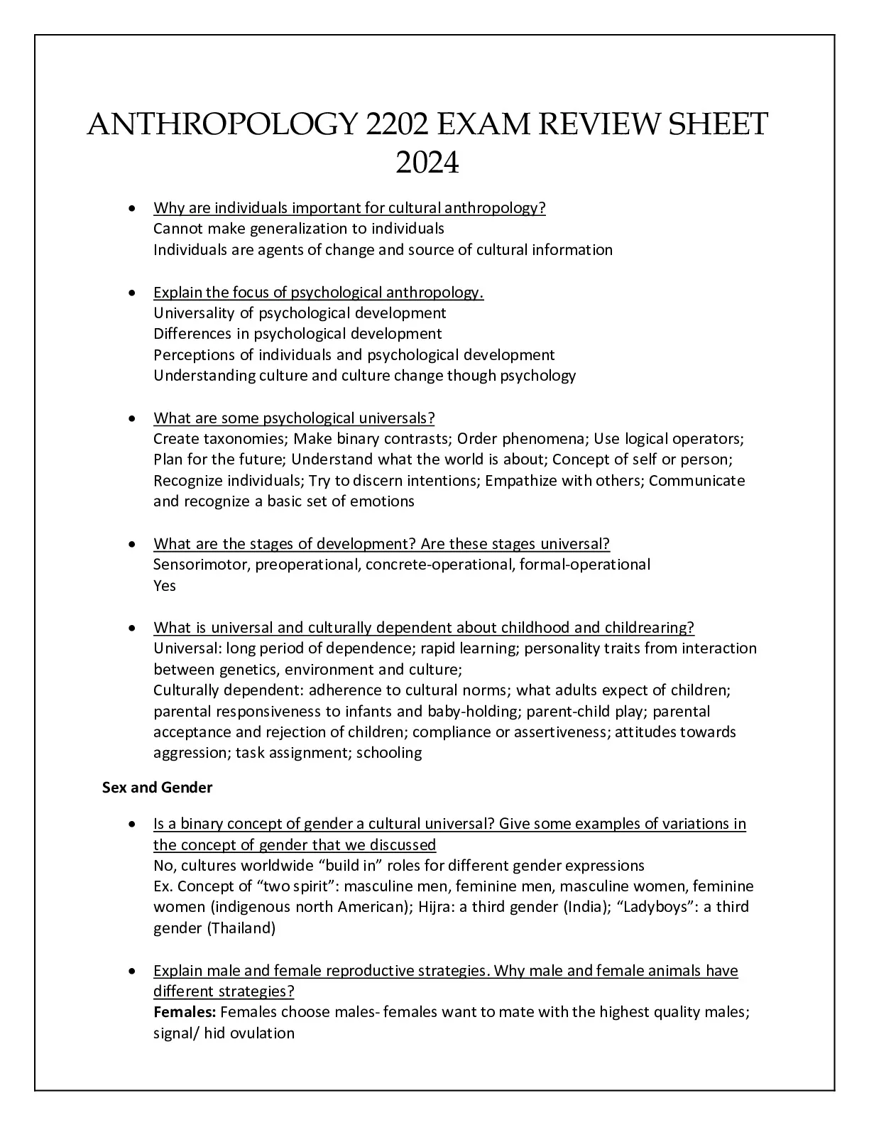 ANTHROPOLOGY 2202 EXAM REVIEW SHEET 2024